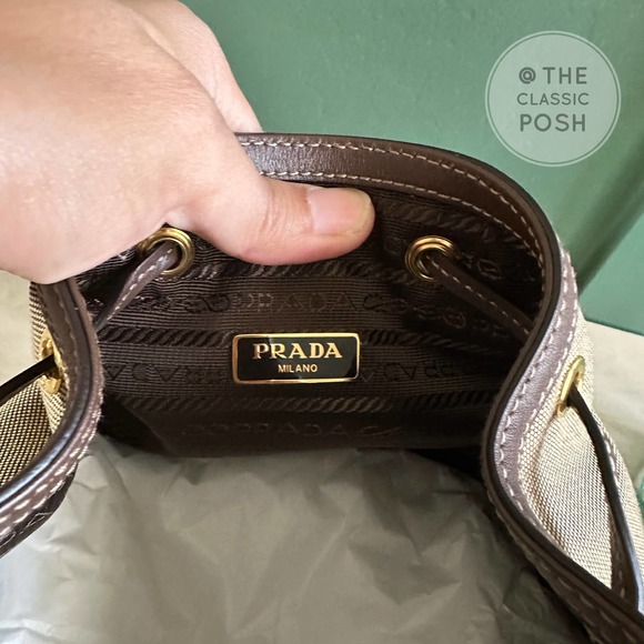 NEW Prada Jacquard Logo Bucket Brown Canvas Tote Small Crossbody Bag - Picture 8 of 12